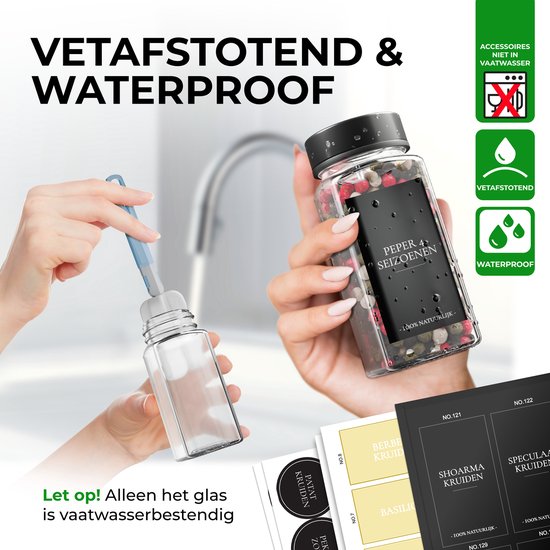 Soothe 48 Glazen Kruidenpotjes Vierkant met Zwarte Deksel – 2 Soorten Strooideksels – Kruidenstrooier – Spice Jars – Complete Set incl Kruiden Stickers, Krijtstift en Accessoires – 120ml
