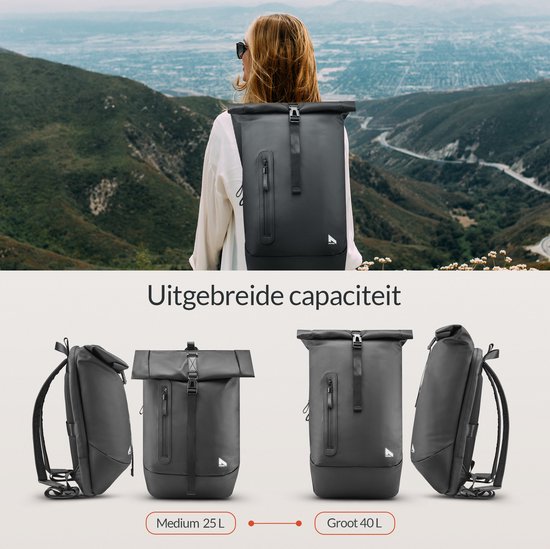 NOHRD Waterdichte Rolltop Rugzak Zwart - Rugtas Heren & Dames - Waterdicht - Rugtas met Laptopvak - Waterproof Rugzak Laptop - Rugzakken