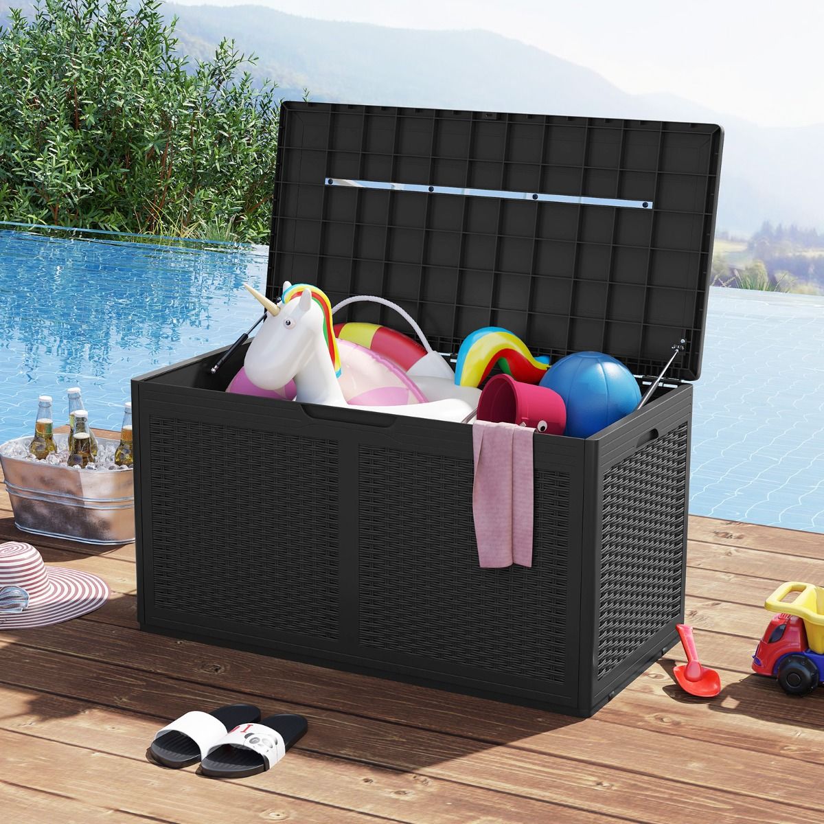 Coast Tuinbox met wielen - waterdichte opbergbox - bankje - zwart - 380 liter