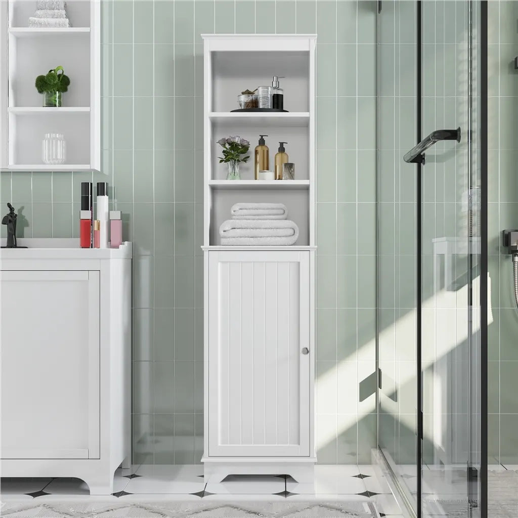 Yaheetech Badkamerkast 40 x 30 x 153 cm - Wit - Hoge Opbergkast met 3 Open Planken en Verstelbare Legplank