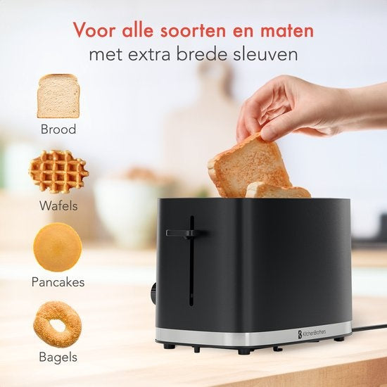 KitchenBrothers Broodrooster - Broodrooster - 6 Warmteniveaus - 2 Extra Brede Sleuven - 870W - Zwart