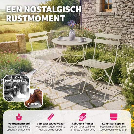 tectake® - Inklapbare bistroset voor 2 personen met stalen frame, tafel en tuinstoelen - Voor balkon en terras - Buitenset - Tuinset - Klaptafel en klapstoelen - elegant design - creme