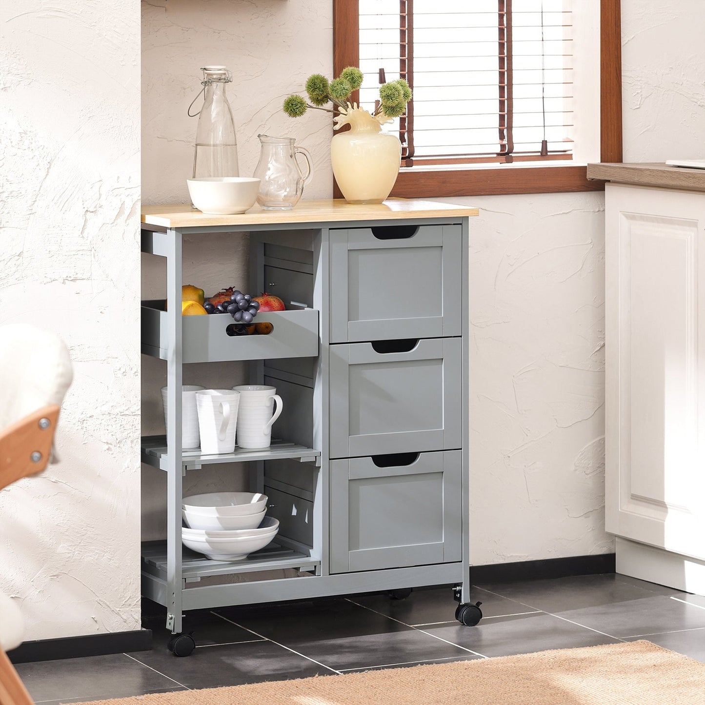 SoBuy - Keukentrolley met 3 Grote Laden - 68x85x38 cm - Grijs