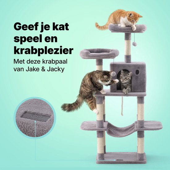 Jake en Jacky Krabpaal voor Katten - Kattenkrabpaal - Krabmeubel - Kattenboom - Krabpalen - Kattenhuis - Lichtgrijs - 147 cm Hoog