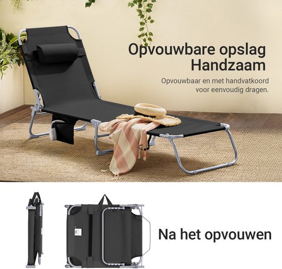 SoBuy Opvouwbare Ligstoel, Verstelbare Tuinligstoel met Hoofdsteun en Opbergzak, Ergonomische Relaxstoel voor Buiten,Tuin, Balkon en Terras, Zwart, OGS35-SCH