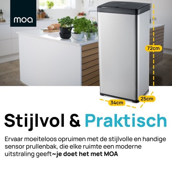 MOA Sensor Prullenbak - 50 liter - RVS & duurzaam ABS - Non-slip - Geruisloze deksel - Vertraagd sluiten modus - Stainless - SB02S