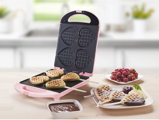 Bestron Wafelijzer - DSW271P - 1400W - 4 mini hartvormige wafels - Incl.20 houten stokjes - Roze