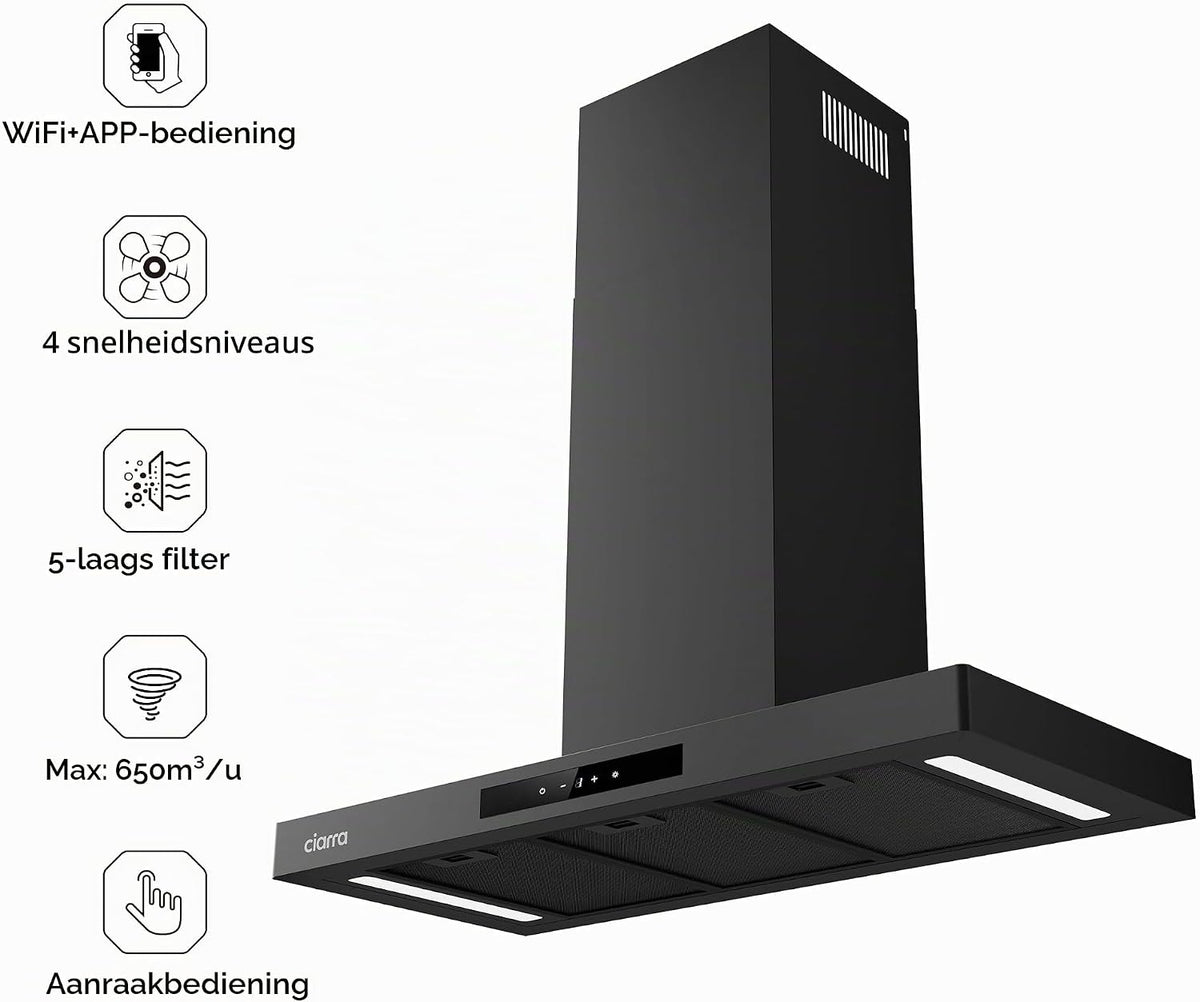 Ciarra CBCB9102-P afzuigkap - 90 cm - Zwart - Wifi en touchbediening
