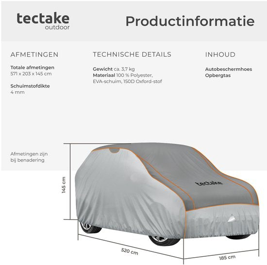 tectake® Autohoes - Autozeil voor Buiten - Hagelbescherming - Waterdicht Deken met 3 Verstelbare Spanbanden - Ademend - Auto Beschermhoes met Opbergtas - Compatibel met vele modellen - Afmeting (LxBxH) 520 x 185 x 145 cm - Voor SUV of Busje