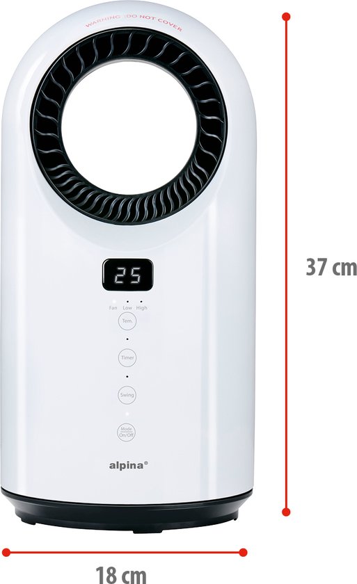 alpina Elektrische Verwarming en Ventilator 1500W - Keramische Ventilatorkachel met Timer en Afstandsbediening - Oscillerende Ventilator Kachel met Verkoelende en Verwarmende Functie - 18 x 18 x 37cm
