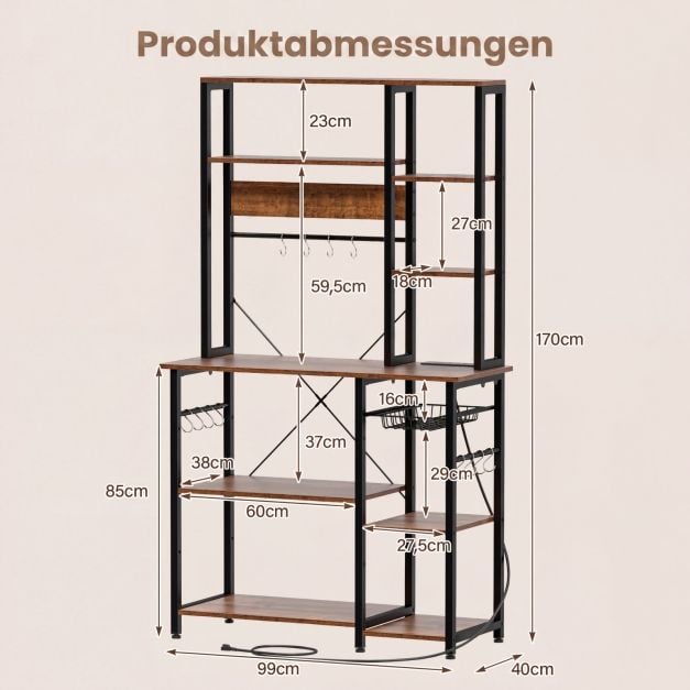 Coast 6-laags Keukenrek met Stopcontact - Magnetronrek met Uittrekbare Draadmand, 12 Haken en USB, 99 × 40 × 170 cm - Rustiek Bruin/Zwart