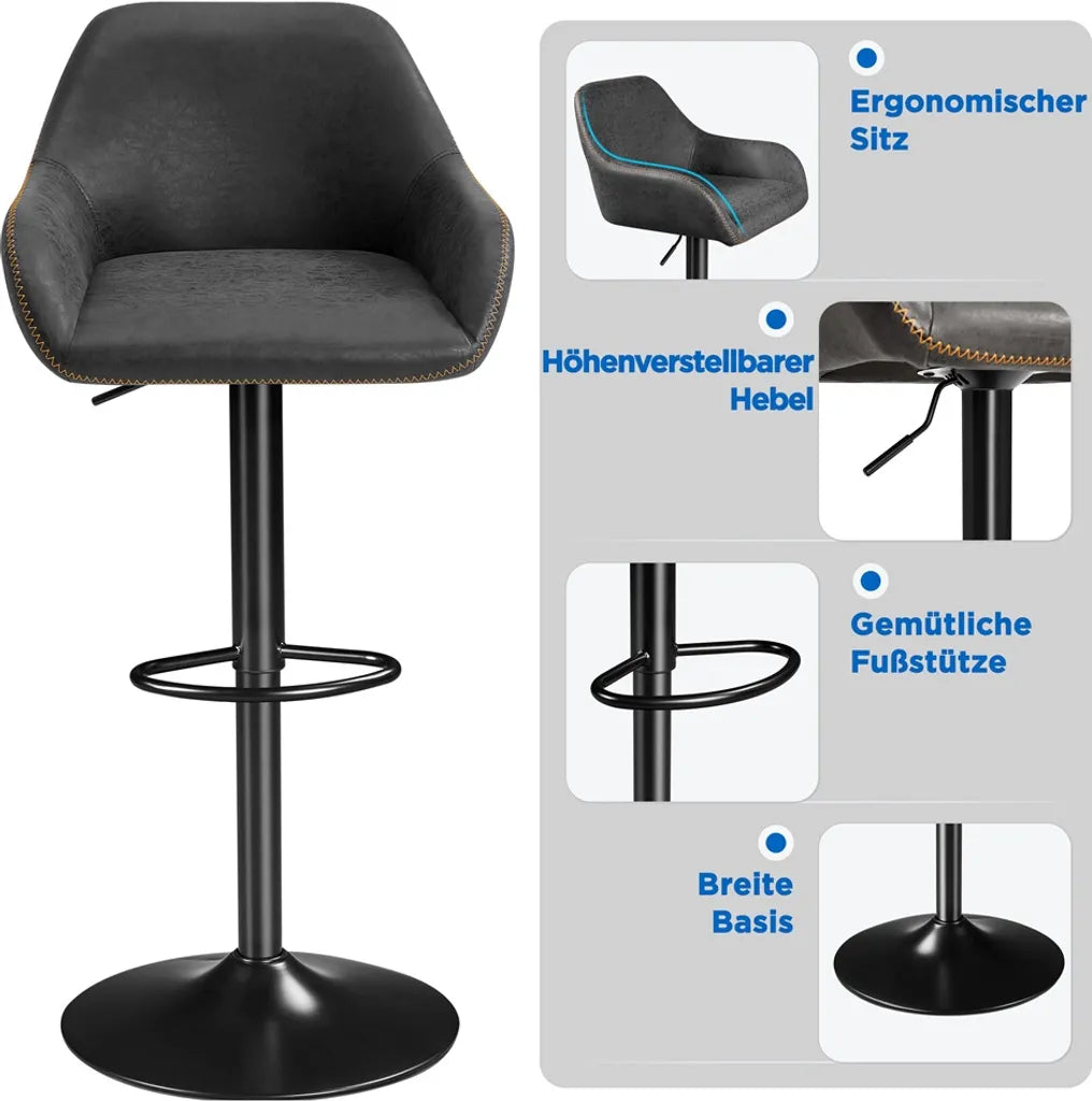 Yaheetech Barkrukken Set van 2 – Zwart Kunstleer – Verstelbaar 87,5–107,5 cm – 360° Draaibaar met Rugleuning en Voetsteun
