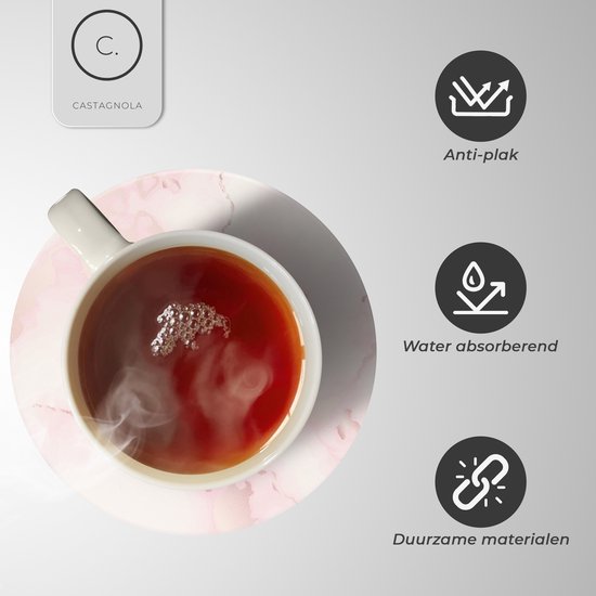 Castagnola Keramische Onderzetters met Houder – Onderzetters voor Glazen – Onderzetters Design – Onderzettersset – Drink Onderzetters – Keramisch – Kurk – Set van 6 – Roze/Wit