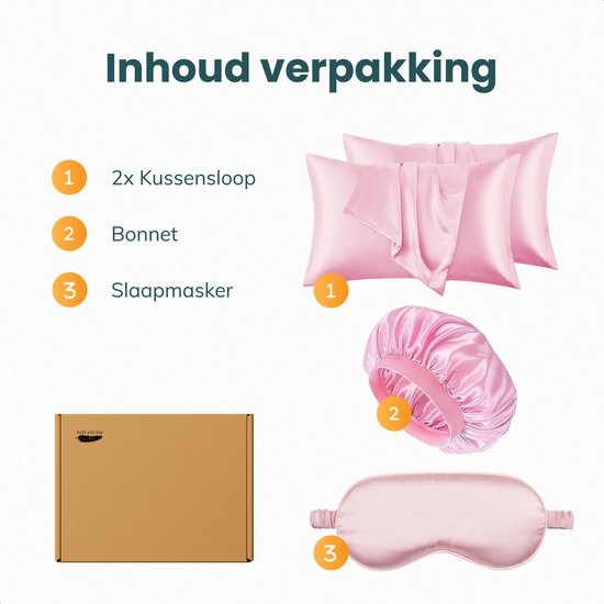 Satijnen set kussensloop - Incl. bonnet en slaapmasker - 60x70 cm - Slaapmuts - Krullen - Satijn - Moerbij - Zijden - Beauty - Silk - Zachte - Satin roze - Soft & Silky