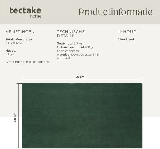 tectake® Kortpolig Vloerkleed - 80 x 150 cm - Groen - Tapijt voor Woonkamer, Slaapkamer, Eetkamer - Onderhoudsvriendelijk en Wasbaar - Antislip Ondertapijt - Allergievriendelijk - Diverse maten en kleuren
