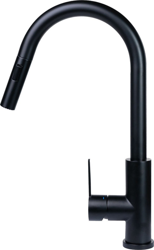 Mizzo Trigo Hoge Keukenkraan met Uittrekbare Uitloop - Semi-professionele Keukenkraan zwart met Sproeikop - Hoge Mengkraan 44cm hoog met Douchefunctie - Ideaal voor keukeneiland - RVS Mat Zwart