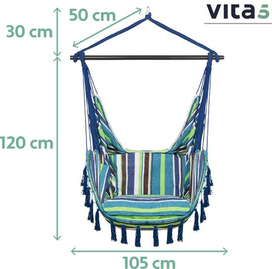 Vita5 XXL Hangstoel | Binnen&Buiten Hangnest | Incl. 2 Kussens en Boekenvak | Volwassenen&Kinderen | Hangmatstoel tot 200kg | Blauw/Groen/Wit