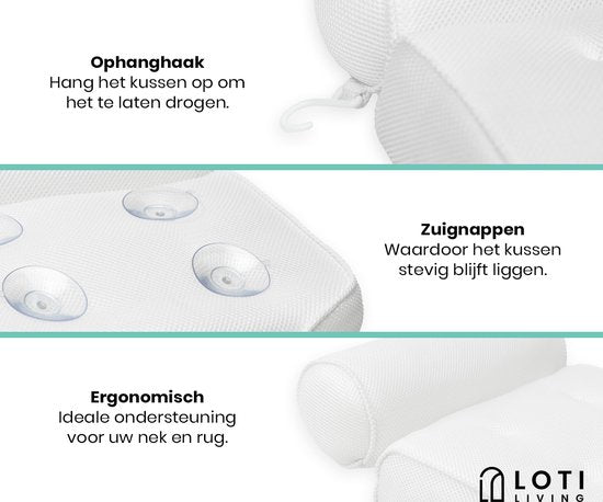 Loti Living Badkussen voor in bad – Badkussen – Nekkussen bad – Hoofdsteun bad – Badkussen met zuignappen – 6 Zuignappen – Ergonomisch nekkussen – Antislip - Wit