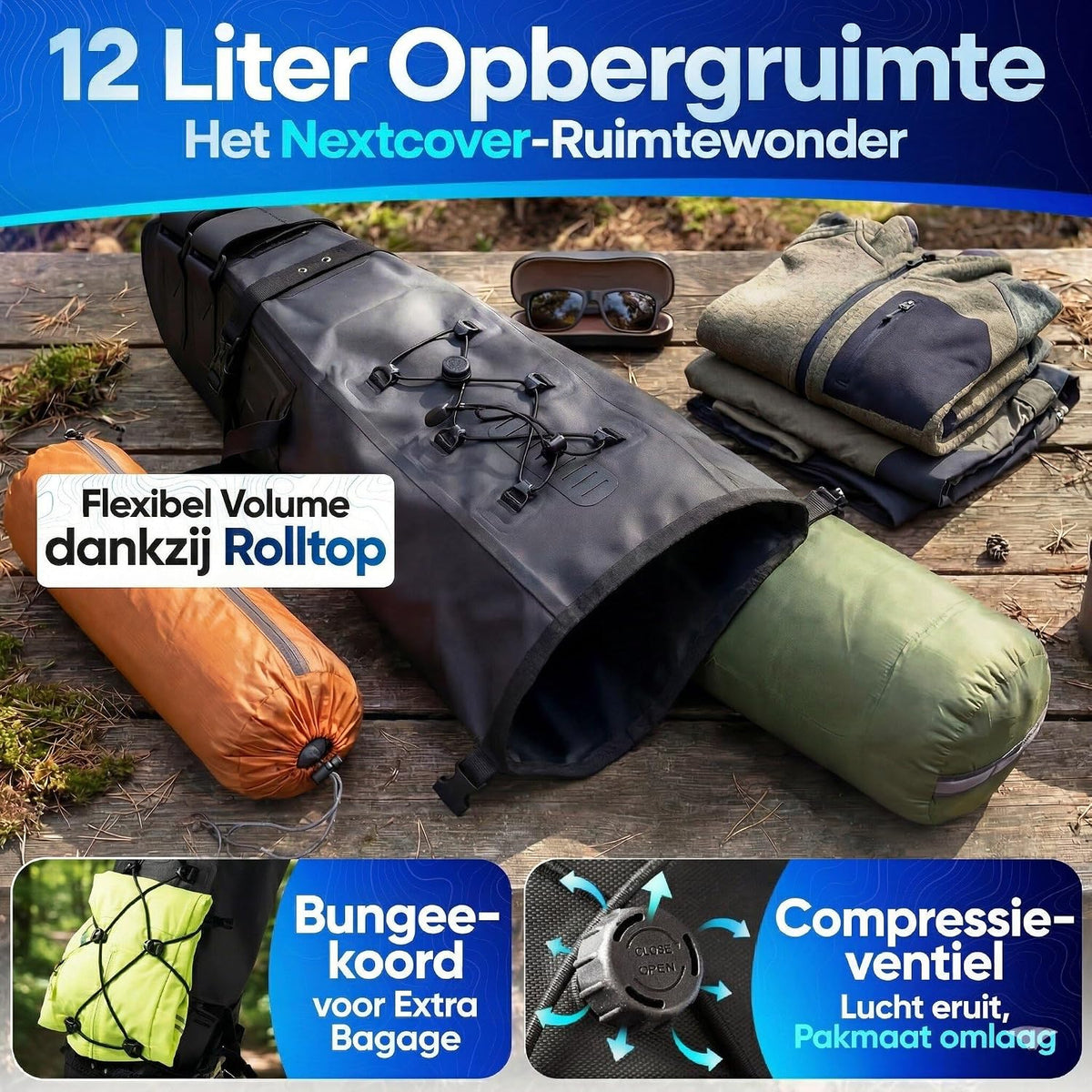 Nextcover Bikepacking Frametas - 38 cm - Zwart - 3 Liter - 100% Waterdicht TPU - Fiets Frametas voor Gravelbike, Racefiets & MTB