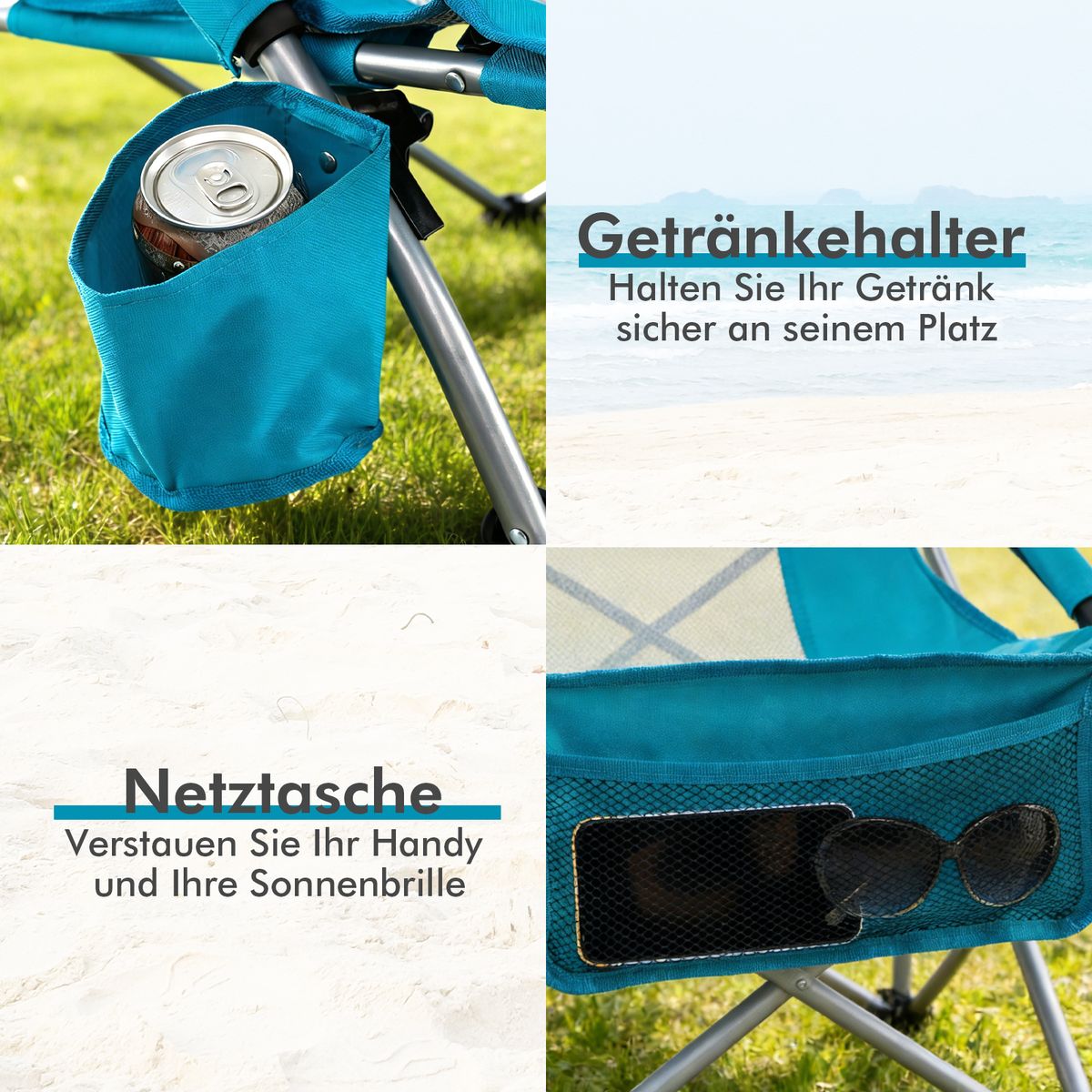 Coast Opvouwbare Strandstoel - ademend netstof - met armleuningen en bekerhouder - blauw