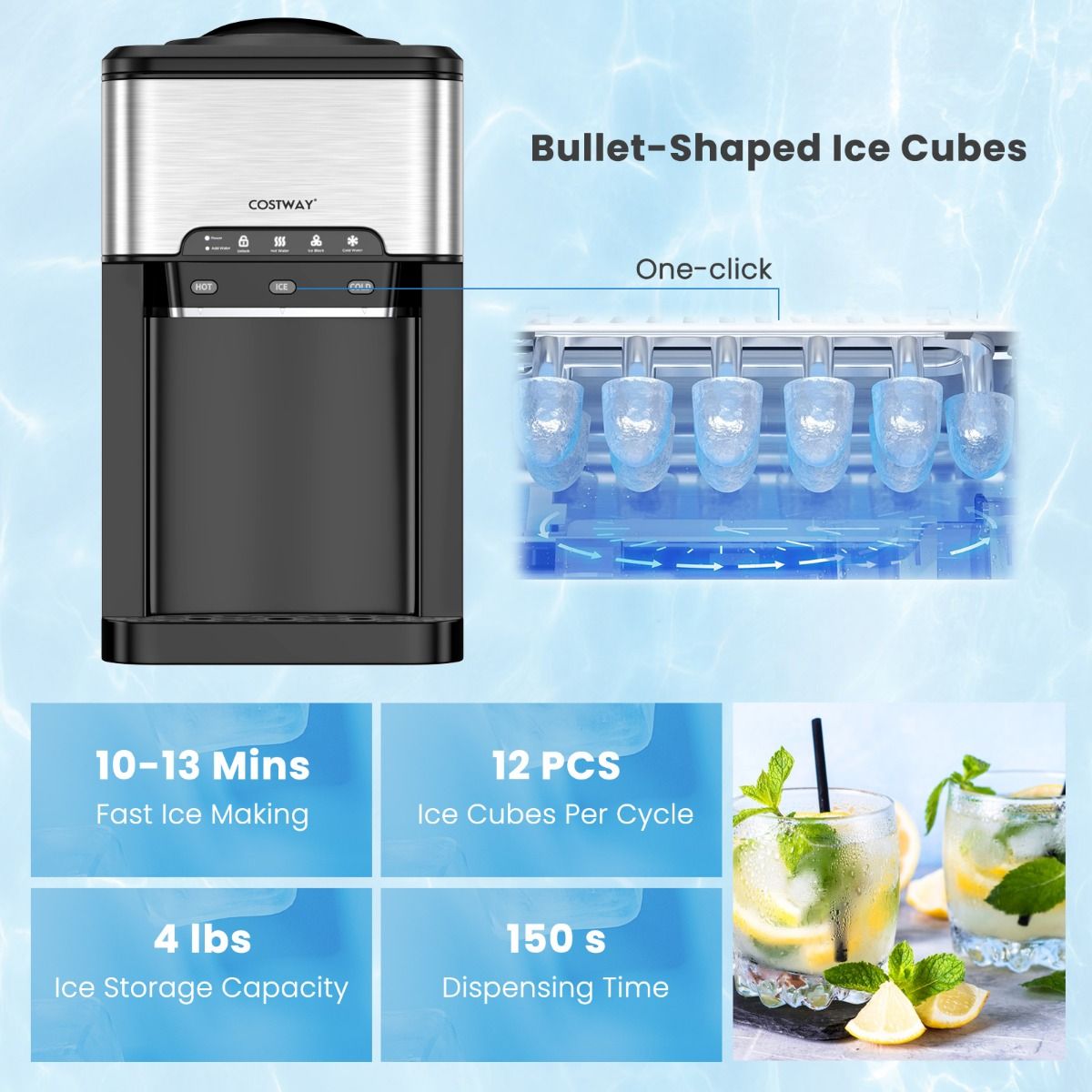 Coast 3-in-1 Waterdispenser met IJsmaker – Aanrechtmodel 28x43x48 cm – Zilver/Zwart – Warm/Koud/IJsfunctie