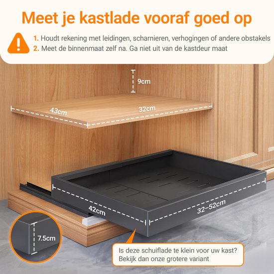 Posity Schuiflade – Keukenkast Organizer – Gootsteenkast/Lade Organizer - binnenlade keuken – Uittrekbaar en Verstelbaar (32-52 cm) – Telescopisch – Zwart