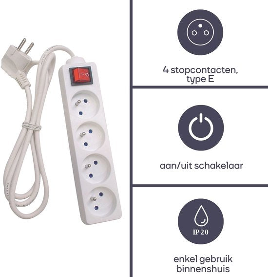 Perel Stekkerdoos met schakelaar, 4 stopcontacten met penaarde (type E), kabel 3 m, 3G1.5, gebruik binnenshuis, wit