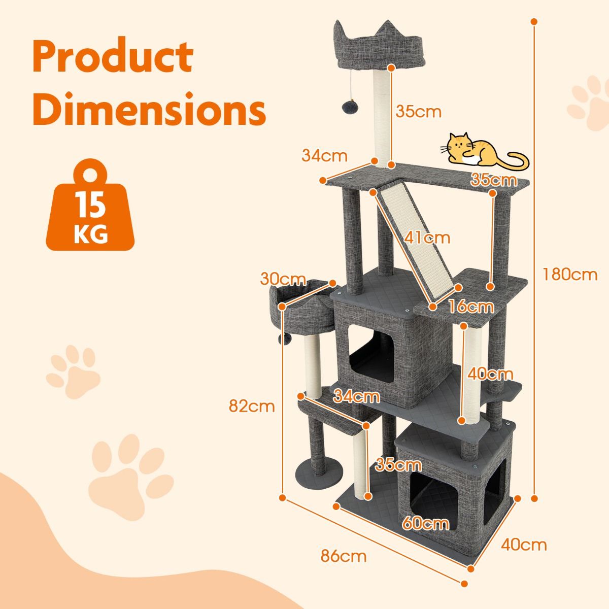 Coast Krabpaal Kattenboom - 2 kattenhuisjes - speelplatforms en kattenbed - grijs - 180 cm