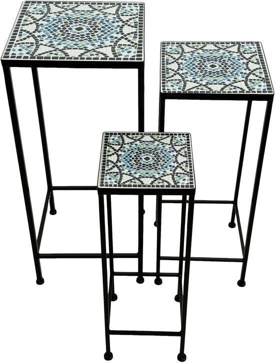 AXI Eline Mozaïek Plantentafel Vierkant Multikleur - Set 3 stuks – Bijzettafels - Diverse Afmetingen - Mozaïeklook – Ingelegd met keramische tegels – Voor binnen, tuin, terras en balkon