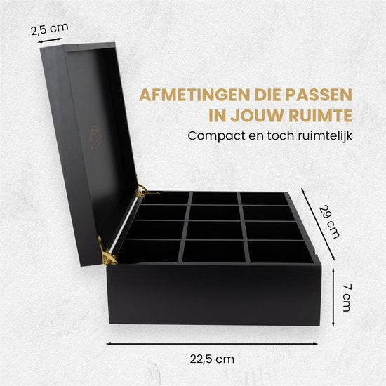 Nimma Theedoos - 12 vaks - Magneetsluiting - Geschikt voor Pickwick, Lipton, en meer - Zwart