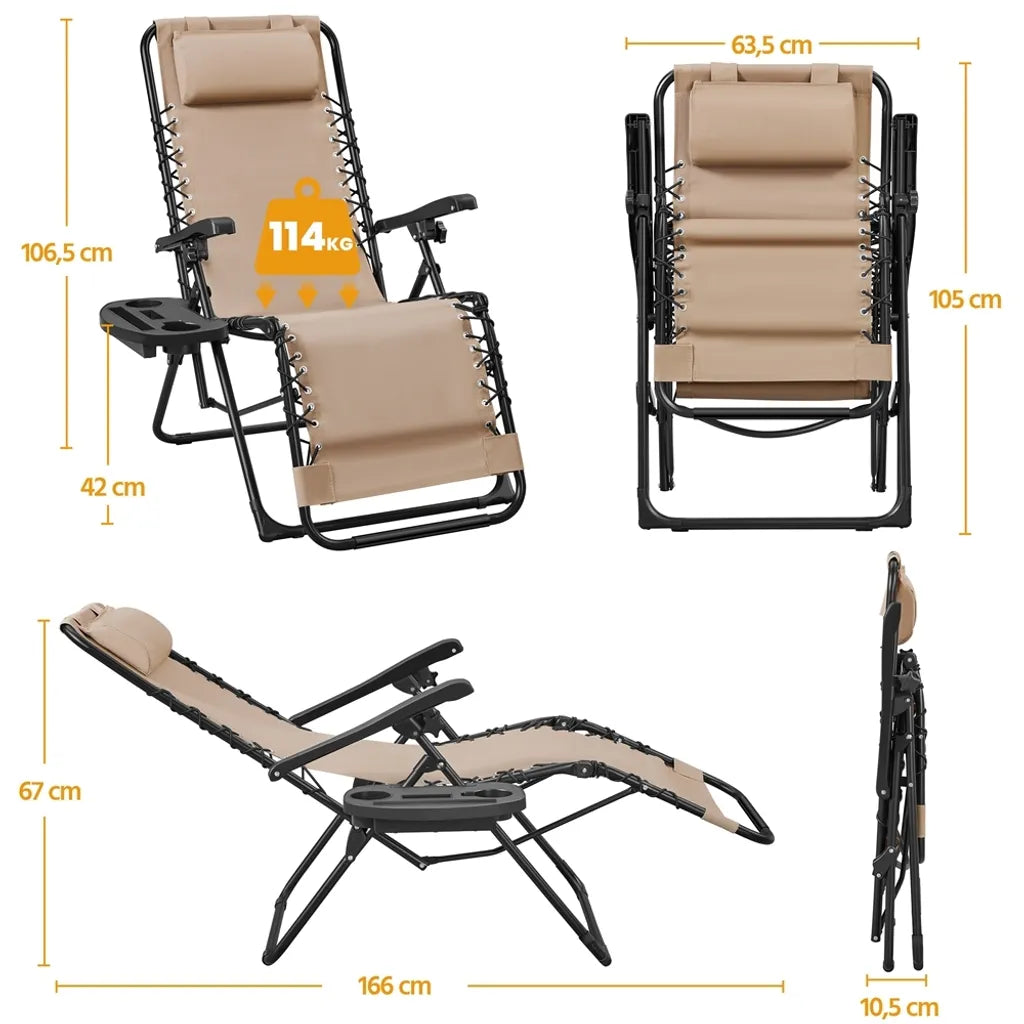 Yaheetech Set van 2 Zero Gravity Ligstoelen - Beige - Opvouwbare Relaxstoelen met Hoofdkussen en Bekerhouder