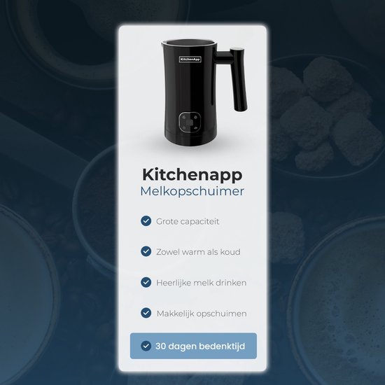 KitchenApp Melkopschuimer elektrisch - Schuimen en verwarmen - 4 in 1 - 350ML - Zwart