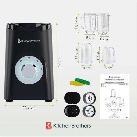 KitchenBrothers Smoothieblender – Incl. 4 Bekers & 2 Mesjes – 350 W – 14 x 14 x 30 cm – Zwart