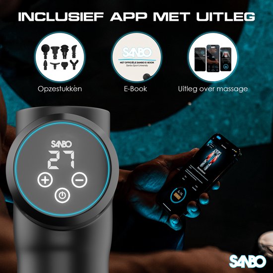 Sanbo-Massage Gun met 30 Standen – 8 Opzetstukken – Spierherstel & Ontspanning – Professioneel Massageapparaat
