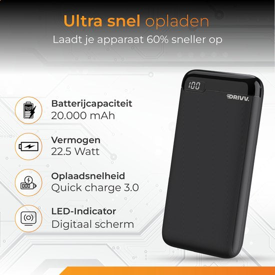 Drivv. Powerbank – 20.000 mAh, Snelladen & LED-display – 22,5 W – Zwart