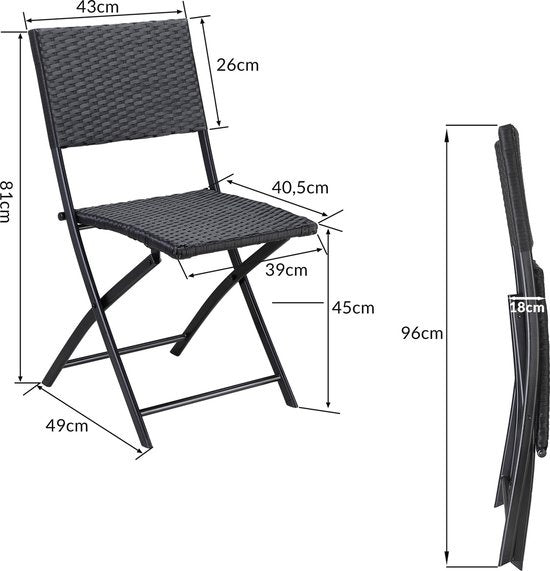 Casaria Polyrattan Tuinset 3 delig – Inklapbaar/Weerbestendig – Zwart