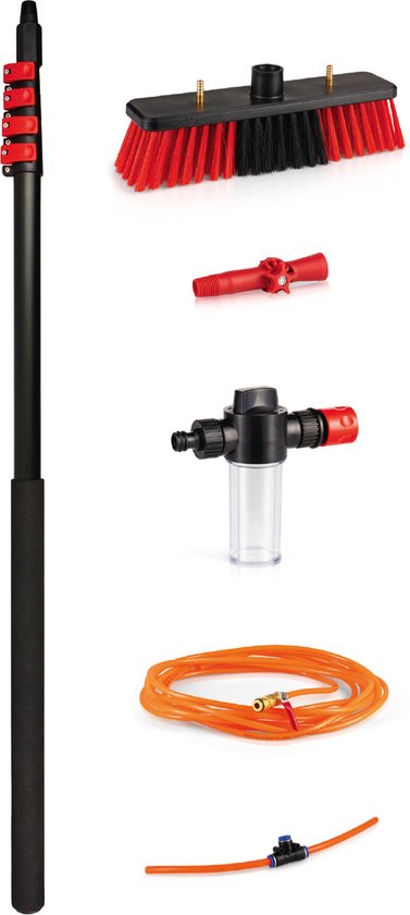 Shine Wasborstel - Uitschuifbaar - 5 Delig - Aluminium - Tot 7M - Incl. Zeepdispenser - Rood/Zwart