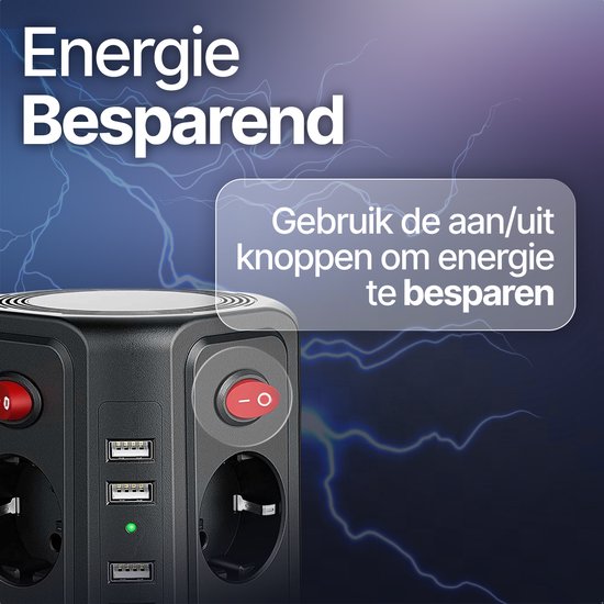 URGOODS Stekkerdoostoren - 8 Outlets - USB - Aan/Uit Schakelaar - 3 m Kabel - Zwart