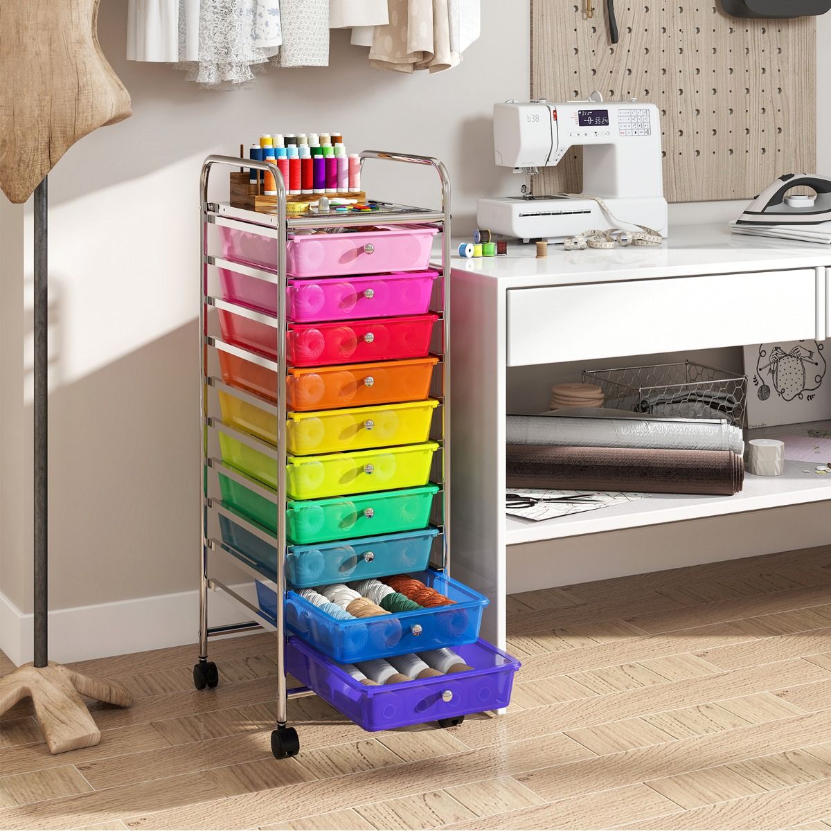 Coast Rolwagen met 10 lades - verchroomd metalen frame - vergrendelbare wielen - multicolor