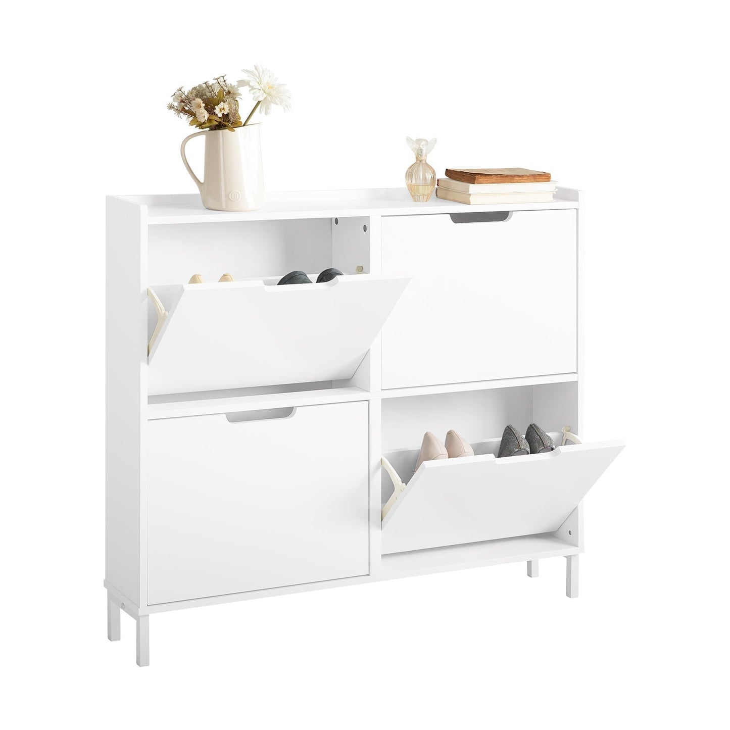SoBuy Schoenenkast met 4 Kleppen – Schoenenopbergkast voor Hal of Entree – Wit – 100x19x91 cm