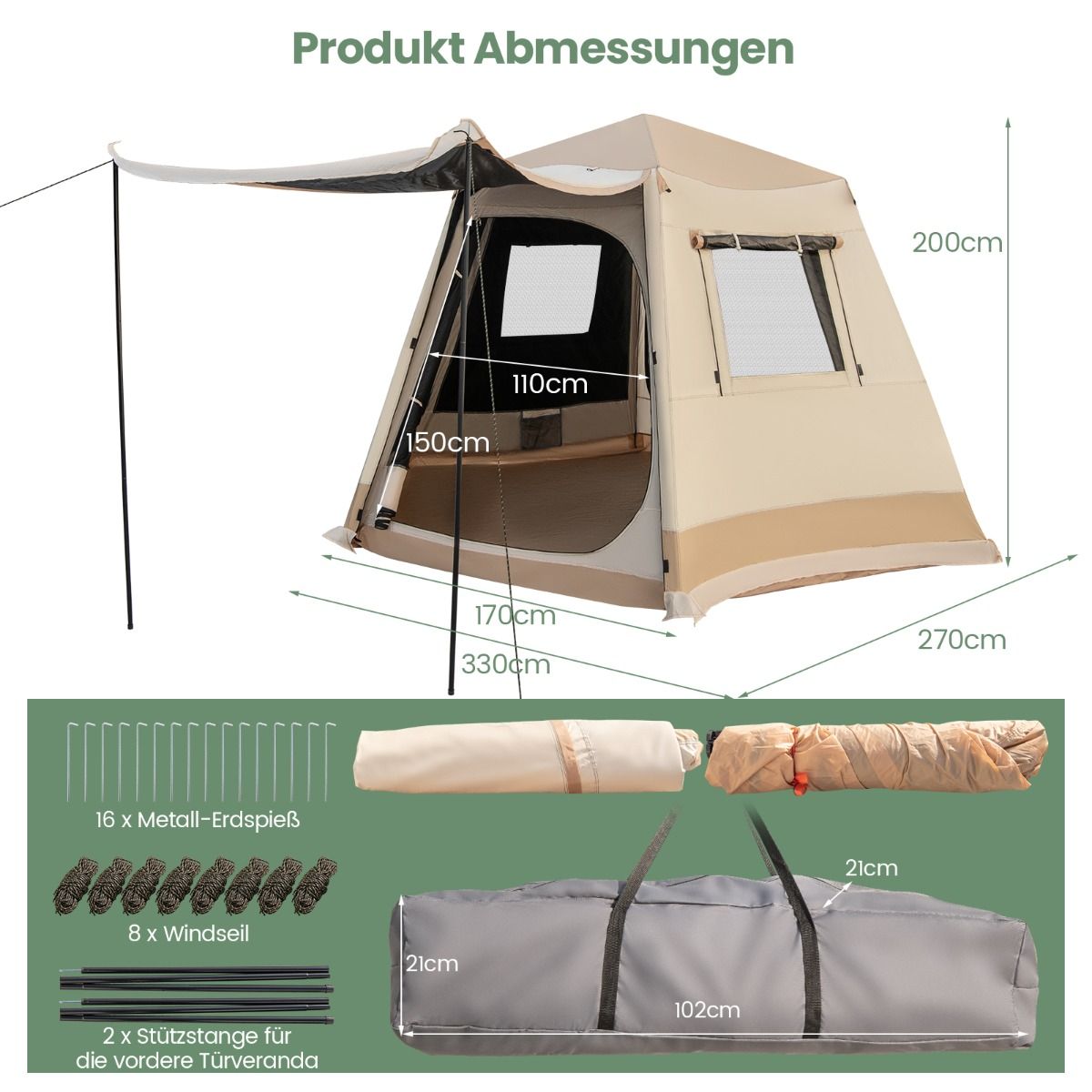 Coast Pop-up Campingtent - Automatisch opzetbaar - Dubbellaags kabinentent - Beige 330 x 270 x 200 cm