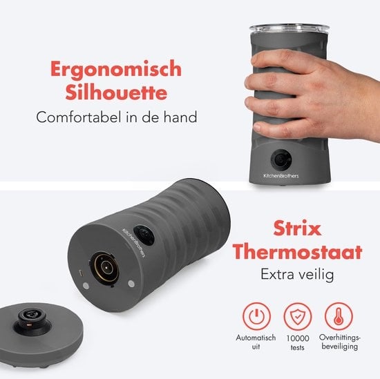 KitchenBrothers Elektrische Melkopschuimer - 4-in-1 - 240 ML - Handige Melkschuimer - Antraciet