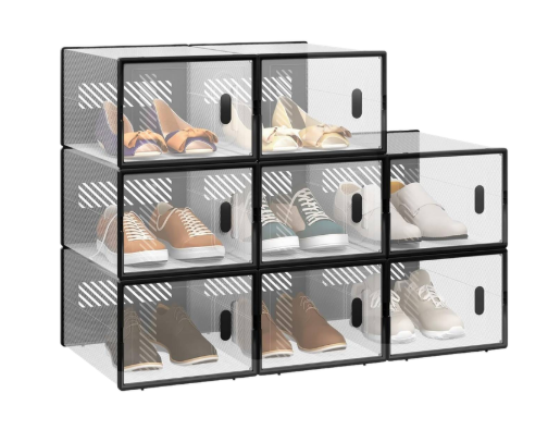 WOLTU Schoenendoos Stapelbaar Set van 8 - Zwart/Transparant - 35 x 19 x 25 cm per Doos