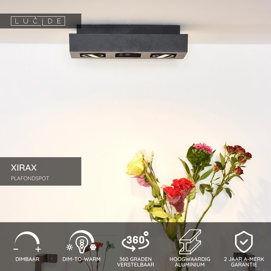 Lucide XIRAX - Plafondspot (Plafondlamp) - LED Dim naar warm - GU10 (MR16) - 3x5W 2200K/3000K - Zwart