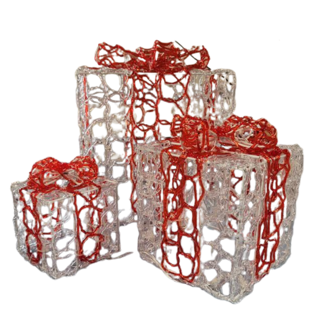 SPLENDEO Set van 3 Verlichte Cadeautjes - 1 Groot 1 Medium 1 Klein - Acryl - 60 lampen - witte LED