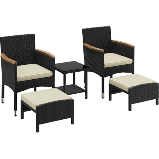 Yaheetech 5-Delige Loungeset Zwart/Beige – PE Rotan – Stoel 62 x 61,5 x 84,5 cm – Met Tafel en Voetenbanken