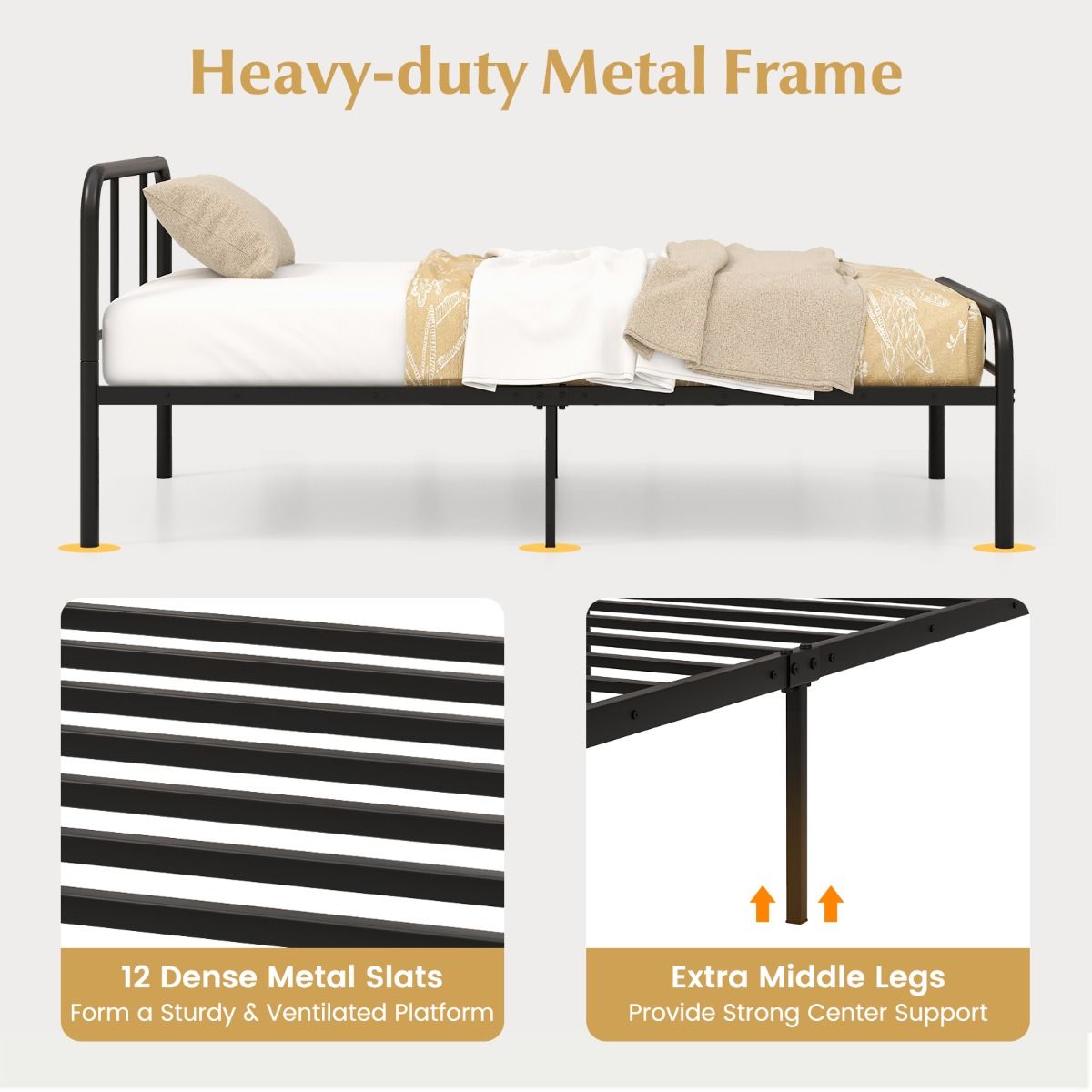 Coast Eenpersoonsbed - Metalen bedframe - Hoofd- en voeteneinde - 90 x 200 cm - Zwart