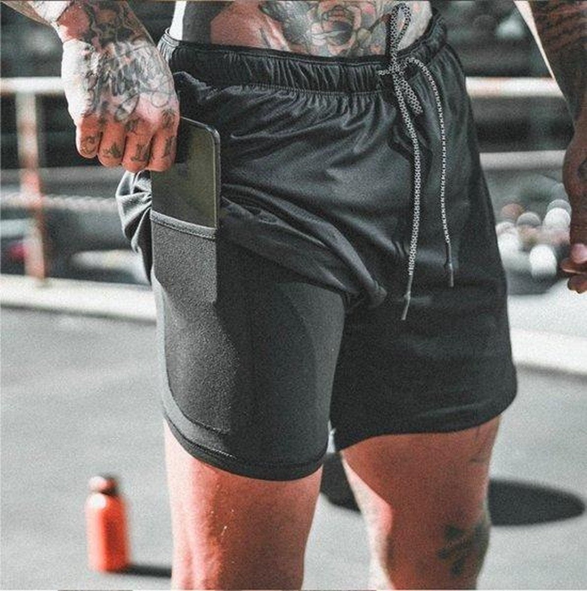 MW – Sportbroek Voor Heren – Maat M & 2-in-1 Design – Voorzien Van Mobiel Zak En Elastische Tailleband – Voor Gym En Hardlopen – Zwart Polyester