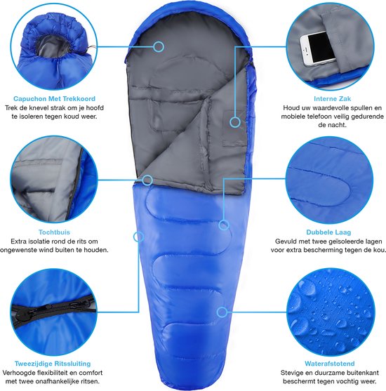 Active Era Professional Premium Slaapzak – 300 GSM Vulling en Waterafstotend – Mummieslaapzak met Binnenzak – 4 Seizoenen voor Kamperen, Camping, Backpacken, Hiken, Festivals, Logeren, Buitenhuis – Volwassenen & Kinderen – 220x80cm – Blauw