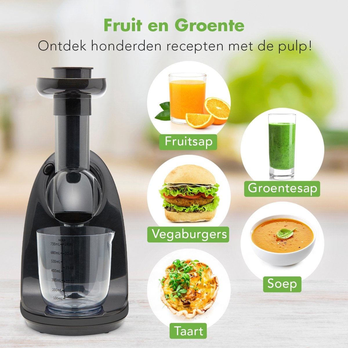 KitchenBrothers Slowjuicer - Juicer - Groenten en Fruitpers - 700ml - Zwart
